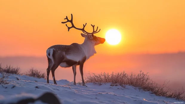 Reindeer looking back over a frosty hill at sunrise.
