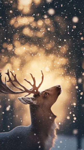 Reindeer looking up at falling snow under a twilight sky.