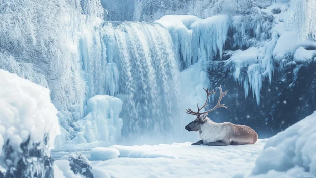 Reindeer resting beside a frozen waterfall in a tranquil scene.