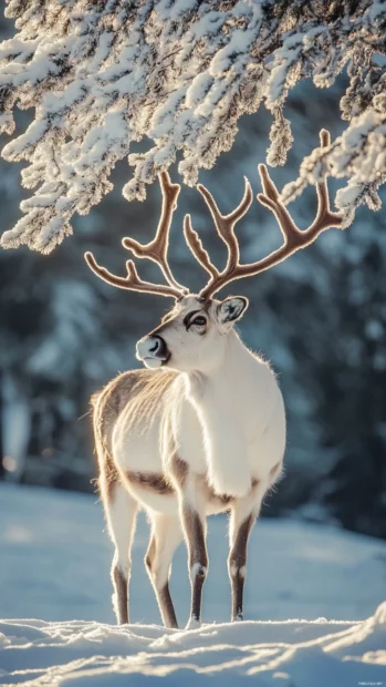 Reindeer standing gracefully beneath a snowy tree.