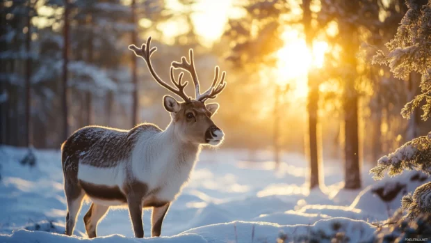 Reindeer standing peacefully in a snowy forest, sunlight filtering through pine trees.