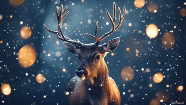 Reindeer wallpaper aesthetic showing a graceful stag surrounded by soft lights and falling snow.