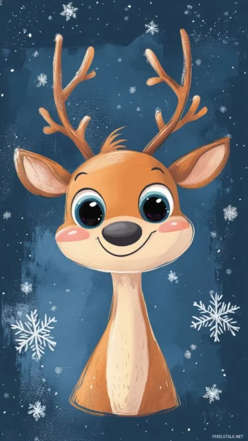 Reindeer wallpaper cartoon style showing playful reindeer with big eyes and snowflakes around.