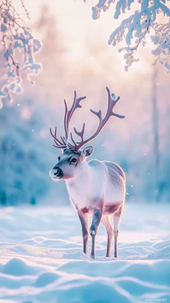 Reindeer wallpaper for iPhone with soft pastel colors, snow covered ground, and cozy atmosphere.
