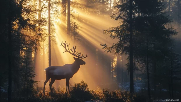 Reindeer wallpaper with forest background and rays of sunlight streaming through tall evergreen trees.