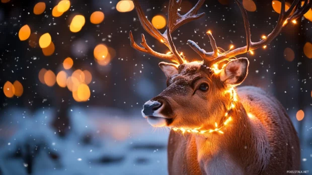 Reindeer wallpaper with lights wrapped around antlers, glowing softly in the winter twilight.