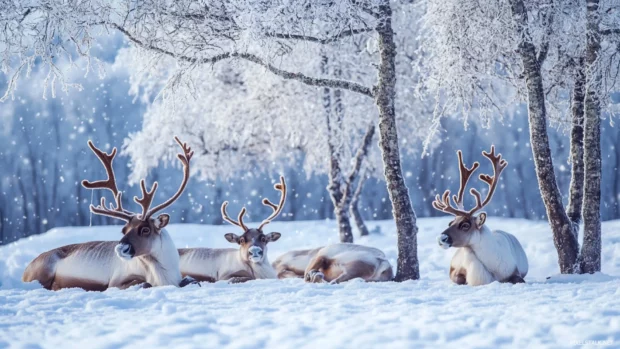 Reindeer wallpaper with snow falling softly over a group of reindeer resting near frosted trees.
