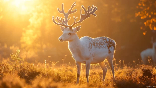 Reindeer with intricate antlers glowing in soft morning light.