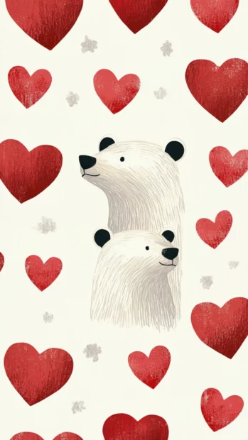 Repeating hearts and aesthetic bear heads in pale background.