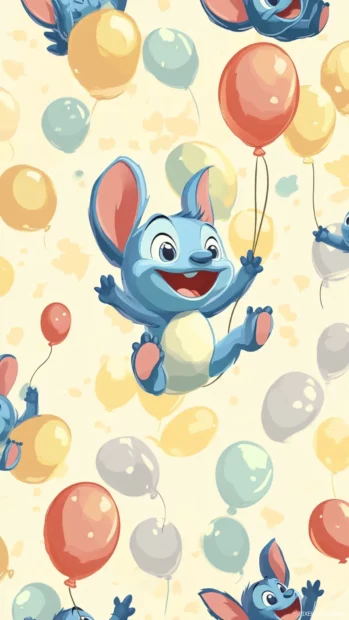 Repeating pattern of Stitch floating with balloons across a soft yellow background.