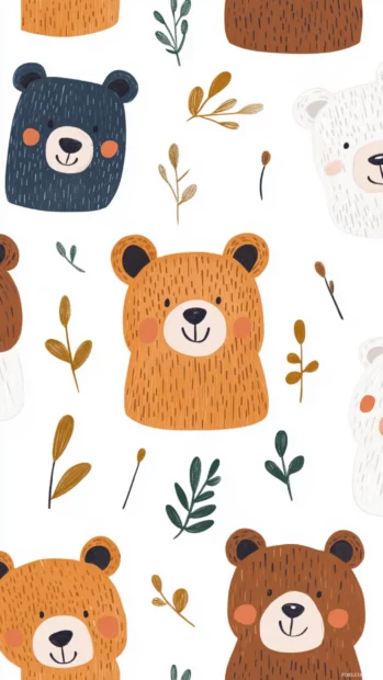 Repeating pattern of aesthetic bear faces on a clean white backdrop.