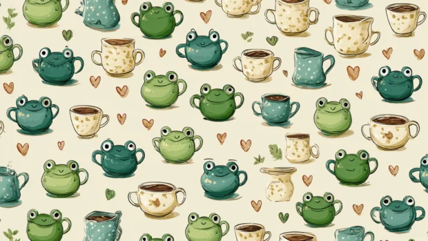 Repeating tile pattern featuring Froggy faces, tea cups, and tiny hearts on a creamy background.
