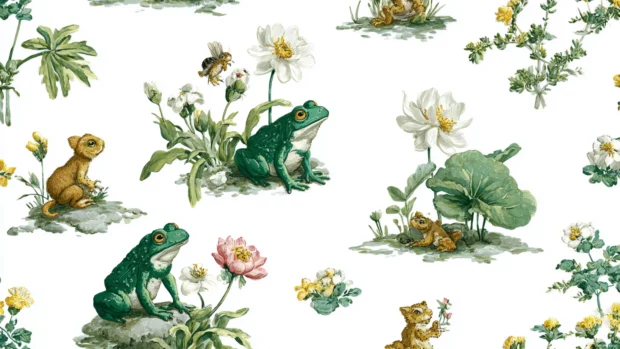 Repeating tiles of Froggy with tiny animals and plants on a white background, seamless and light.