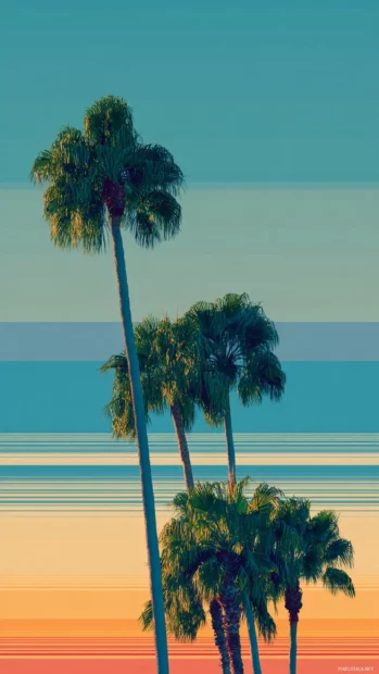 Retro aesthetic palm tree wallpaper styled like vintage poster with bold teal palms under sunset stripes.