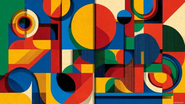 Retro inspired Geometric wallpaper with bold primary colors and clean edges forming abstract figures.