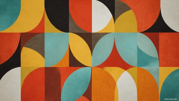 Retro inspired wallpaper with repeating Geometric shapes in bold contrasting colors.