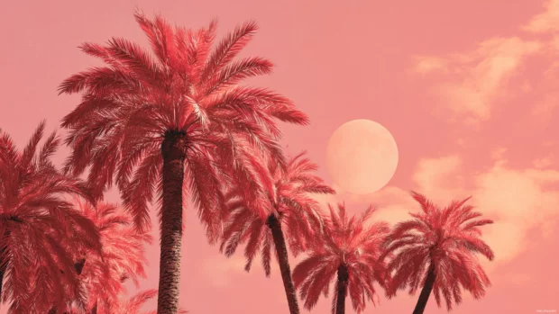 Retro pink palm tree wallpaper styled like vintage postcard with sunflower pink palms against coral sky.
