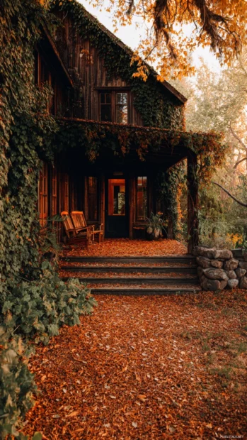 Rich Fall vibes surrounding an old wooden house with ivy covered walls and a leaf covered porch.