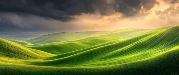 Rolling green hills under dramatic clouds at sunset, perfect as a 3440x1440 ultra wide wallpaper.