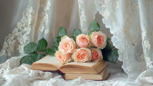Romantic book wallpaper showing a novel beside a bouquet of roses and a delicate lace curtain.