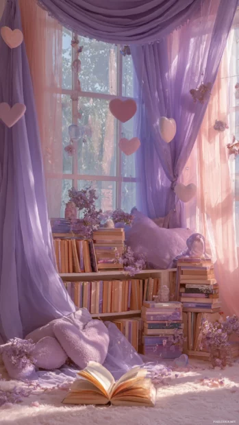 Romantic lavender aesthetic with heart shaped decor, books and pastel curtains.