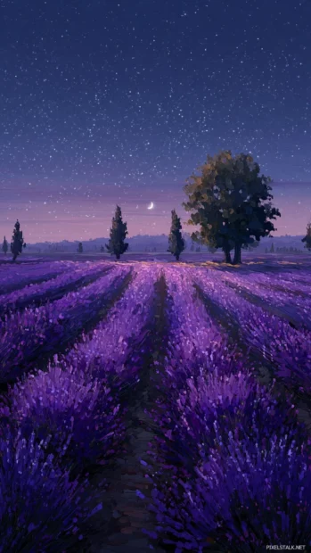 Romantic view of lavender under moonlight with twinkling stars and glowing outlines.