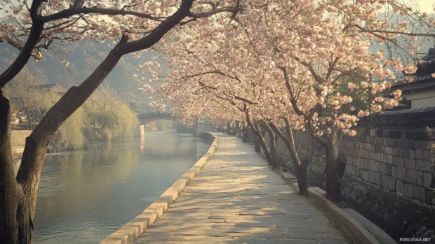 Romantic wallpaper featuring Japanese cherry blossom trees lining a quiet riverside path in full bloom.