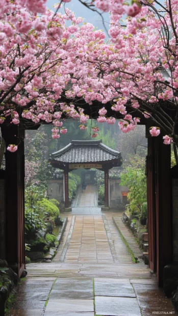 Romantic wallpaper of Japanese cherry blossom arches over a peaceful walking path.