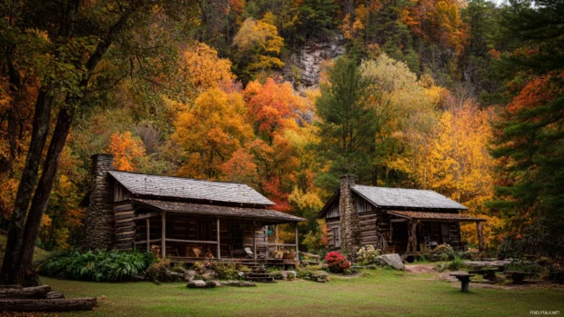 Rustic cabins nestled among towering trees dressed in fall colors, capturing the coziness of autumn in the wilderness.