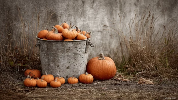 Rustic fall pumpkin wallpaper with aged galvanized bucket spilling small pumpkins onto dry grassy field.