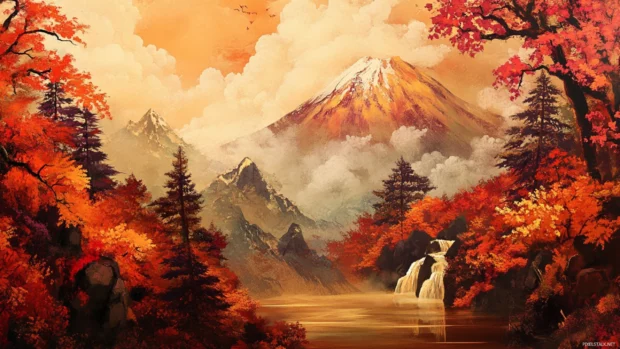 Scenic Mount Fuji wallpaper with autumn foliage in fiery reds and oranges at the mountain base.