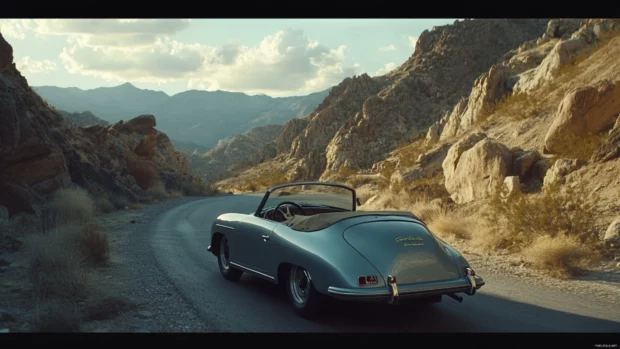 Scenic Vintage Porsche wallpaper showing an old Porsche convertible cruising through a mountain pass.