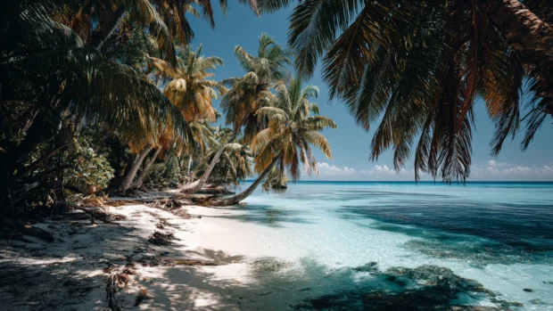 Secluded beach with tall palm trees gently swaying in the breeze, crystal clear 4K image.