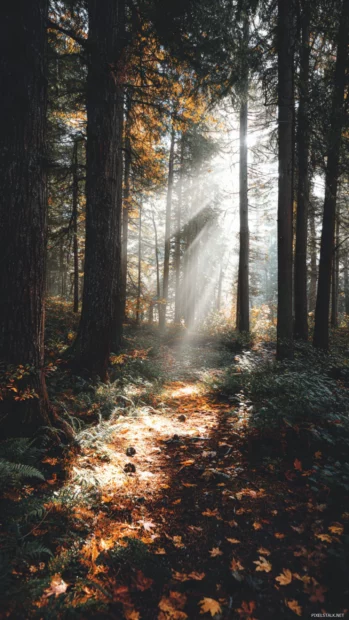 Serene Fall vibes in a forest with sunlight filtering through tall trees and a carpet of fallen leaves.