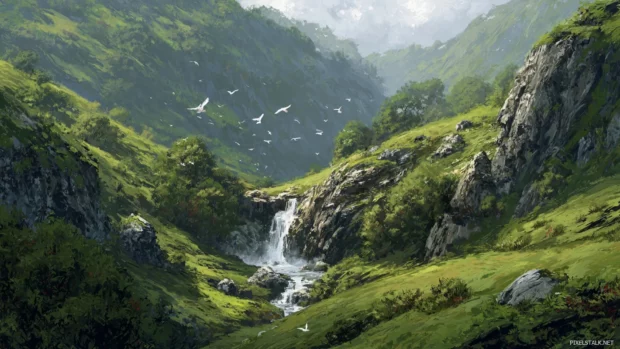 Serene Waterfall nestled in a lush green valley with delicate birds flying nearby.
