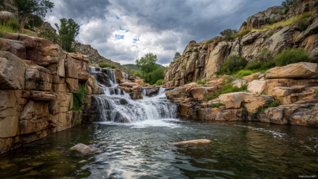 Serene Waterfall tumbling over layered rocks in a peaceful canyon under a cloudy sky.
