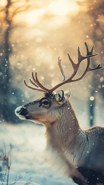 Serene moment with a reindeer gazing into the winter distance.