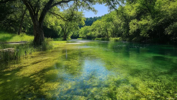 Serene nature setting with crystal clear water perfect for bass fishing.