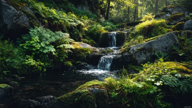 Serene waterfall 4k wallpaper capturing tiny cascades trickling among ferns and rocks at dawn with soft light glow.