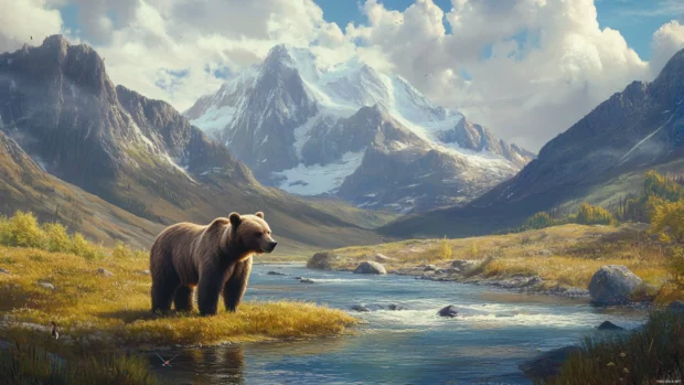 Set beside a flowing river with towering mountains, a brown bear stands ready to fish, perfect for a brown bear wallpaper with river landscape.