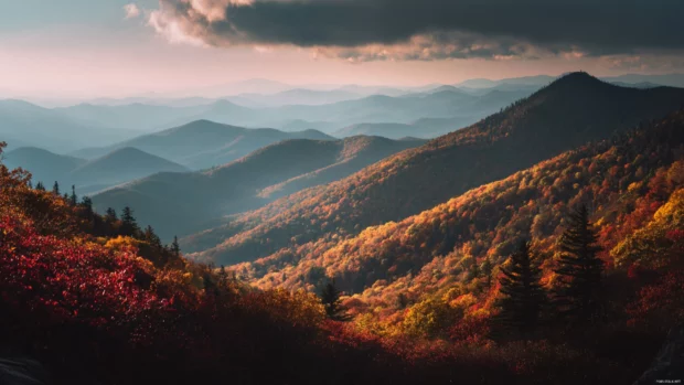 Shadowy mountain range at sunset surrounded by Dark Fall foliage and cool autumn breezes.