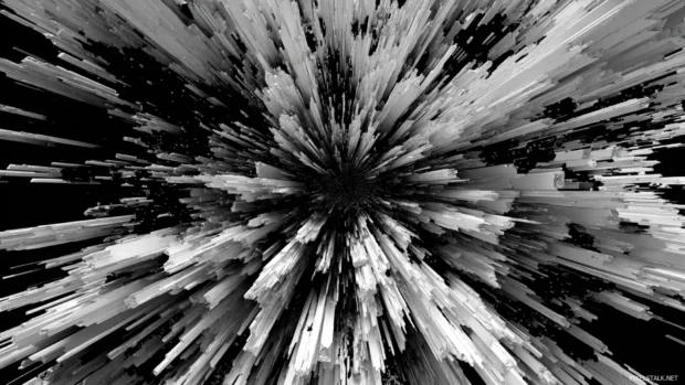 Sharp Black and White Geometric shards exploding outward from the center in a symmetrical burst.