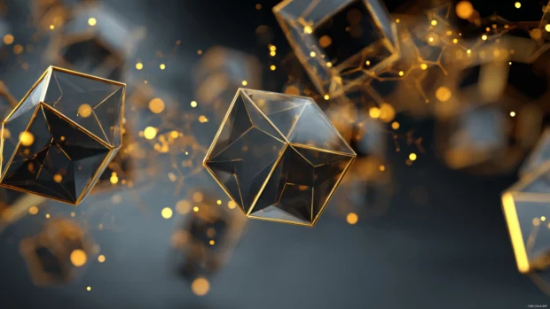 Shining gold polygons suspended in space creating a dynamic geometric depth.