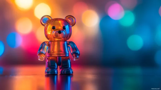 Shiny Bearbrick on a matte surface with a soft gradient behind.