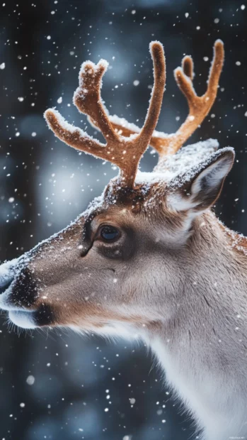 Side view of a reindeer head with soft snow falling.