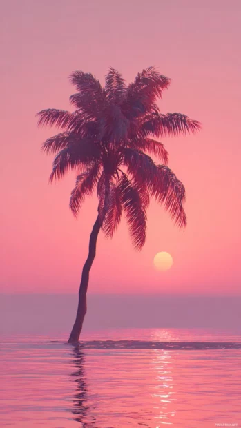 Silhouetted Palm tree standing alone against a glowing pink sunset.