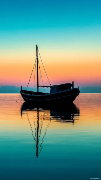 Silhouetted fishing boat on glassy water during twilight, peaceful and serene.