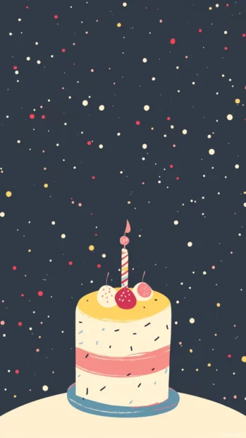 Simple aesthetic background with tiny birthday cake and party hat.