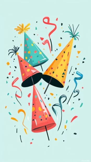 Simple birthday featuring party hats and ribbons.