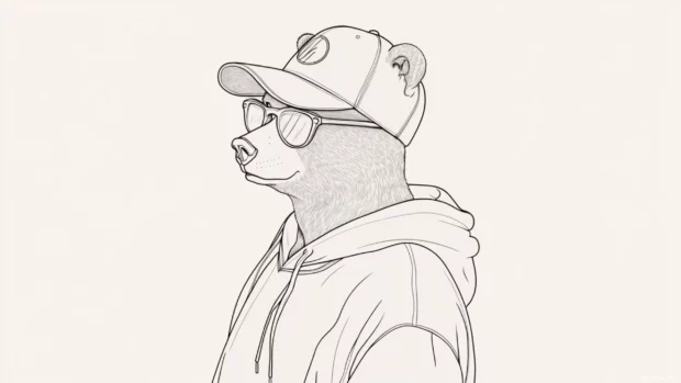 Simple line art of a cool bear wearing a cap and hoodie.